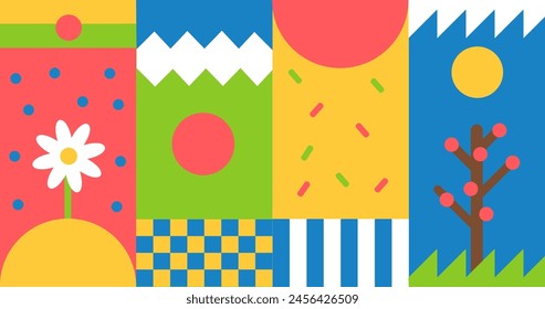 Bright summer banner seamless pattern. Abstract summer or spring illustration in bright warm coral red, green, blue and yellow colors with tree and flower.