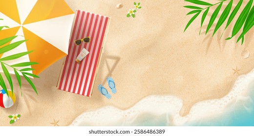 Bright summer banner template. Vector summer beach with beach chair, umbrella, ball, seashells, flip flops, sea wave, tropical leaves, flowers. Ad banner for promotion of summer goods, events, holiday