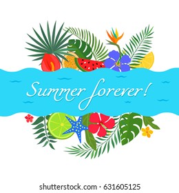Bright summer banner with tropical elements for different occasions. Flat vector illustration isolated on white background