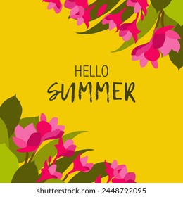 Bright summer banner with tropical flowers. Horizontal poster, website, greeting card.