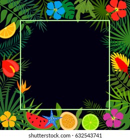 Bright summer banner with tropical plants and flowers. Flat vector illustration