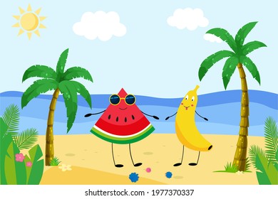 Bright summer beach background and cartoon watermelon and banana. Palm trees, sun, tropics, ocean. Vector graphics