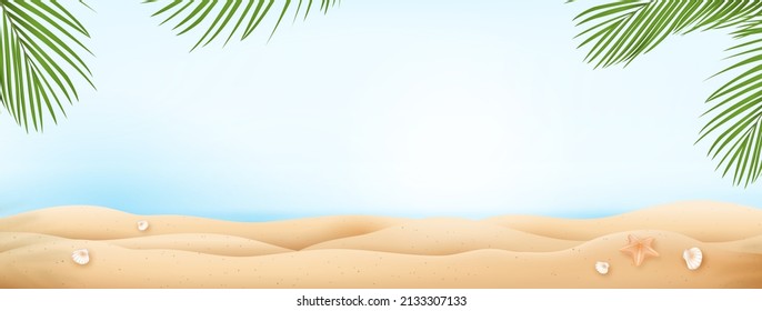 Bright summer beach banner background with coconut palm tree leaves at borders 