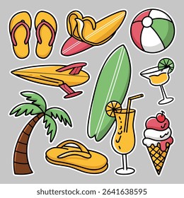 Bright Summer Beach Icons with Surfboard, Ice Cream, and Travel Stickers on Gray Background