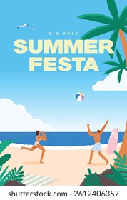 Bright summer beach illustration with active scene and big sale concept