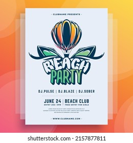 Bright summer beach party disco social event poster template design hot air balloon yacht vector illustration. Decorative discotheque holiday invitation neon gradient placard tropical entertainment