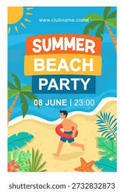 Bright summer beach party poster in flat vector style featuring tropical beach, palm trees and a running man with inflatable ring. Perfect for event flyers, posters, invitations, banners and promotions.