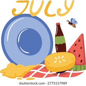 Bright summer beach picnic scene with watermelon, fresh fruit, cold drink and beach ball. Sunny seasonal composition with food and refreshments, perfect for vacation, travel, leisure and summer lifestyle design.