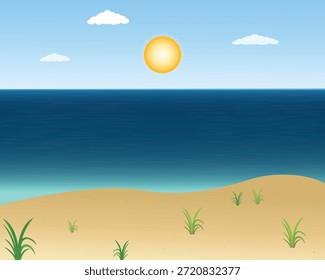 Helle Sommerstrandszene mit einem klaren blauen Himmel, warmer Sonne, sanften Meereswellen, sandigen Ufern und natürlichem Dünengras. Ideal für Reisen, Urlaub, Natur und Küstendesign-Projekte.