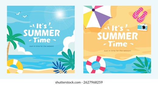 Bright summer beach scenes with tropical elements, ocean views, and fun accessories. Perfect for vacation ads, travel blogs, and seasonal promotions.