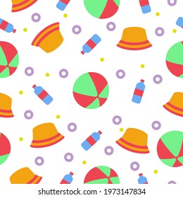 A bright summer beach seamless pattern featuring a beach ball cap and a water bottle in different colors. Vector illustration.