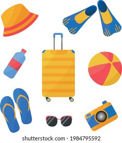 A bright summer beach set consisting of accessories for travel and recreation. Consisting of traveler items such as a suitcase, flippers, beach flip-flops, sunglasses. Also, a panama hat, a camera.