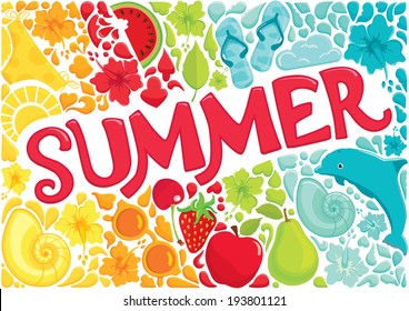 Bright summer beach and traveling objects and swirls background. Summer word lettering. Vector illustration.