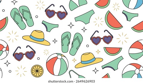 Bright summer beach vacation essentials including sunglasses hats flip flops beach balls and watermelon slices