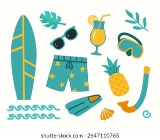 Vetor de praia de verão brilhante definido com prancha de surfe, shorts, abacaxi, coquetel, snorkel, máscara, barbatanas, óculos de sol e folhas. Perfeito para designs de verão, mídias sociais e histórias.