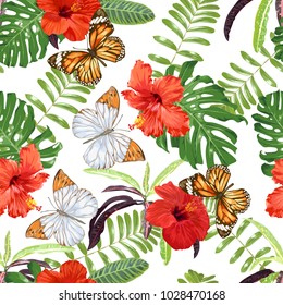 Bright, summer, beautiful pattern with hibiscus flowers, butterflies and exotic leaves. Seamless vector background.
