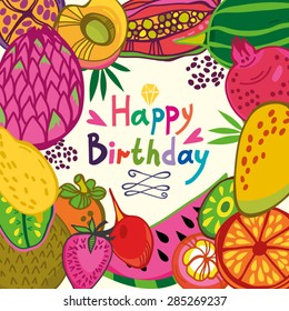 Bright summer birthday card of fruits and place for a text.