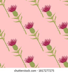 Bright summer botanic seamless pattern with burdock flowers. Pink and green colored stylized ornament on light pink background. For wallpaper, textile, wrapping paper, fabric. Vector illustration.