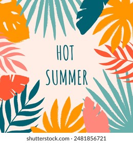 Tarjeta de verano brillante con ramas tropicales abstractas y tipografía en estilo minimalista. Efecto de trazo de pincel y bordes desbaste. Plantillas para la celebración, la marca, los anuncios, el Anuncio, la cubierta, el cartel, las ventas.