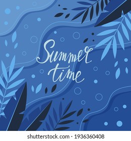 Bright summer card. Beautiful summer poster with palm leaves and hand written text. Summer holidays cards. Vector illustration.