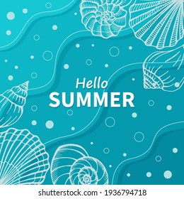 Bright summer card. Beautiful summer poster with seashells and hand written text. Summer holidays cards. Vector illustration.