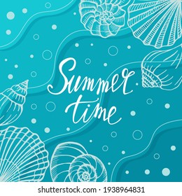 Bright summer card. Beautiful summer poster with seashells and hand written text. Summer holidays cards. Vector illustration.