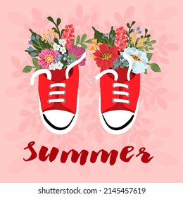 Bright summer card. Beautiful summer poster with sneakers with flowers. Cute vector illustration for backgrounds, cards, posters and flyers.