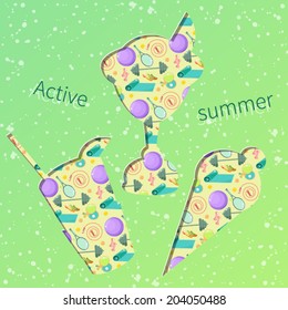 Bright summer card with healthy lifestyle icons and text: Active summer. Vector. Fitness as a dessert