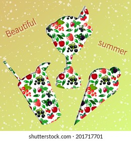 Bright summer card with ice-cream, cocktail and berries. Vector. 