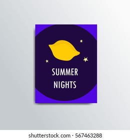 Bright summer card with lemon hand drawn illustration. Summer nights poster template