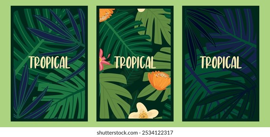 Bright summer card set featuring abstract tropical leaves in a modern minimalist style. Templates suitable for ads, banners, covers, labels, posters, and sales. Vertical orientation.