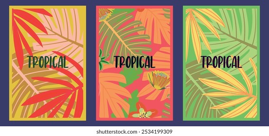 Brilhante conjunto de cartões de verão com folhas tropicais abstratas em um estilo minimalista moderno. Modelos adequados para anúncios, banners, capas, etiquetas, cartazes e vendas. Orientação vertical.