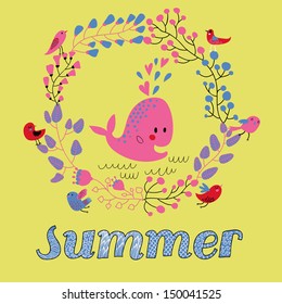 Bright summer card in vector. Cute childish whale with cartoon birds in flowers