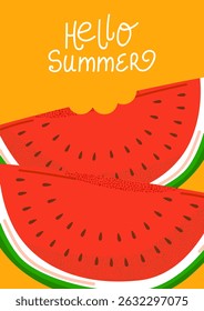 Bright summer card with watermelon slices and hand-drawn Hello Summer text. Fun and cheerful design, perfect for greeting cards, posters, and seasonal promotions. Vector illustration