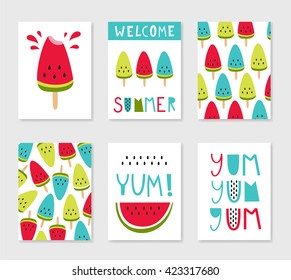 Bright summer cards. Set of creative templates with ice-cream and watermelon. Vector illustration. Blue, red and green.