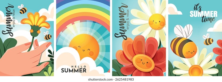Bright summer children's illustrations with a green meadow, flowers, sun, rainbow and cute bees. Colorful cartoon posters for design and decoration.