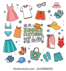 Bright summer clothing set with dresses, swimsuits and shorts, hats, sunglasses, and sandals