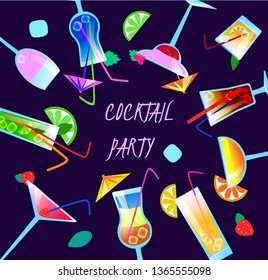 Bright summer cocktail party vector poster, banner, template for web site. Background illustration with colorful cocktails with juice and alcohol, mint, ice.