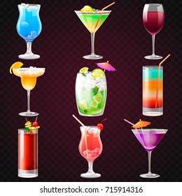 Bright summer cocktails with colorful layers, thin straws and decorative umbrellas isolated cartoon flat vector illustrations set on transparent background.