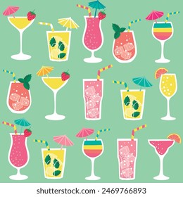 Bright Summer Cocktails in Green Background