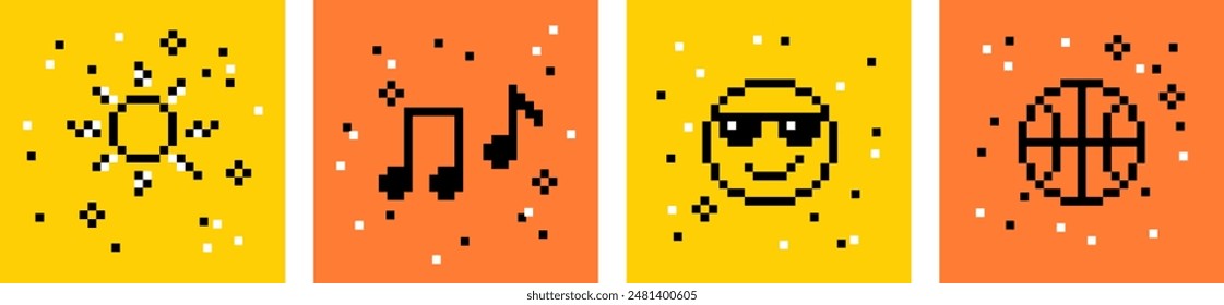 Bright summer collection. Sun, music, smile, sunglasses, basketball. Pixel art icon set. Y2k trendy playful pixelated stickers. Mood of 90's aesthetics. 8-bit retro style vector illustration