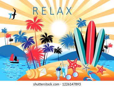 Bright summer color landscape with palm trees and beach on a sunny background