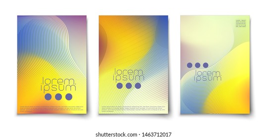 Bright summer colors trendy mesh minimal abstract covers set. Vibrant background with glowing blended lines.  Juicy colored mesh waves.