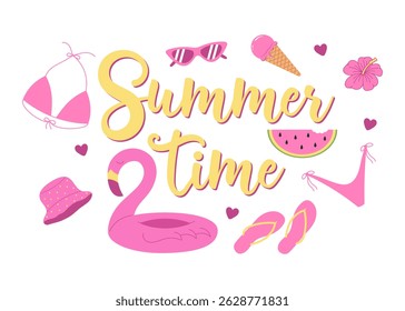 Bright summer composition with flamingo, bikini, watermelon, ice cream, and sunglasses. Perfect for tropical vacation themes, kids designs, and warm weather vibes.

