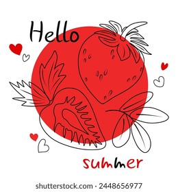 Brillante composición de verano de fresas en línea en círculo rojo. Hola diseño de Vector de tarjeta de felicitación de verano. Dibujo editable para emblema de diseño, menú, iconos, redes sociales, naturaleza, jardinería