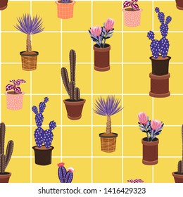 Bright summer cute Cactus in many kind of pots on window check line Vector seamless pattern with different,Hand drawing desert plants ,design for fashion fabric, web wallpaper  and all prints on yell
