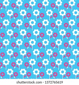 Bright summer daisy flower bloom seamless pattern. Stylized retro floral all over print. Pretty 1950s blue pink feminine fashion style. Trendy scrapbook paper, wallpaper, garden stationery backdrop.