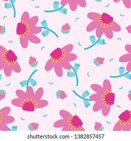 Bright summer daisy flower bloom seamless pattern. Stylized retro floral all over print. Pretty 1950s blue pink feminine fashion style. Trendy scrapbook paper, wallpaper, garden stationery backdrop.
