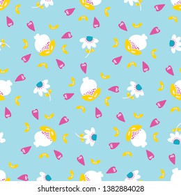 Bright summer daisy flower bloom seamless pattern. Stylized retro floral all over print. Pretty 1950s blue pink feminine fashion style. Trendy scrapbook paper, wallpaper, garden stationery backdrop.