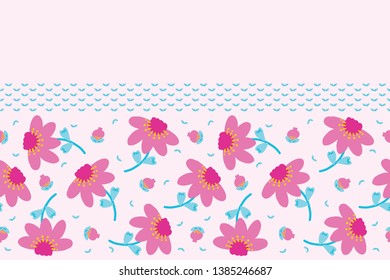 Bright summer daisy flower bloom seamless border pattern. Stylized retro floral banner. Pretty 1950s blue pink feminine fashion style. Trendy scrapbook edging ribbon trim, garden stationery washi tape